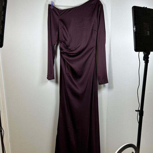 Meshki Avery Plum One Shoulder Maxi Dress S Long Sleeve Ruched Evening Gown - Picture 4 of 14